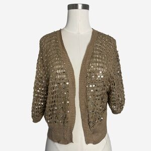 Vintage Y2K Apostrophe Tan loose knit shrug cardigan with gold sequin bling L